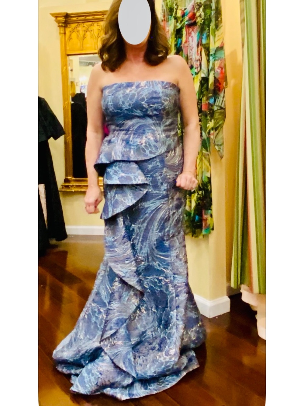 Teri Jon By Rickie Freeman Strapless Blue Metallic Jacquard Ruffle Evening Gown